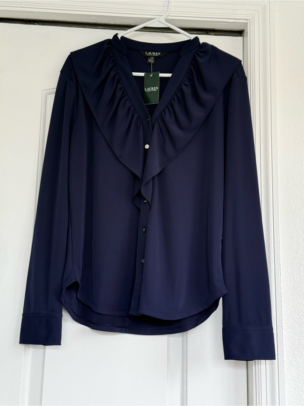 Ralph Lauren Navy Ruffle-Trim Button Front Blouse